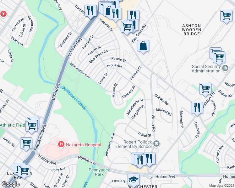 map of restaurants, bars, coffee shops, grocery stores, and more near 8805 Dewees Street in Philadelphia