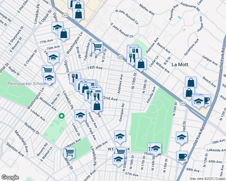 map of restaurants, bars, coffee shops, grocery stores, and more near 1976 Elston Street in Philadelphia
