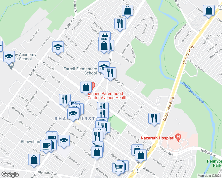 map of restaurants, bars, coffee shops, grocery stores, and more near 2100 Benson Street in Philadelphia