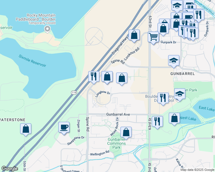 map of restaurants, bars, coffee shops, grocery stores, and more near 6055 Longbow Drive in Boulder