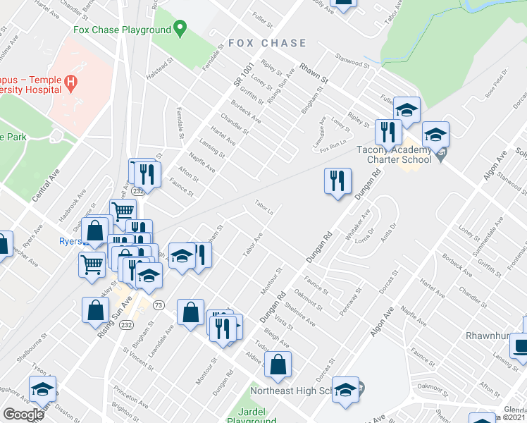 map of restaurants, bars, coffee shops, grocery stores, and more near 1120 Tabor Lane in Philadelphia
