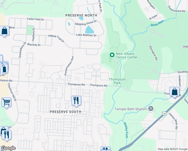 map of restaurants, bars, coffee shops, grocery stores, and more near Palmer Park Circle in New Albany