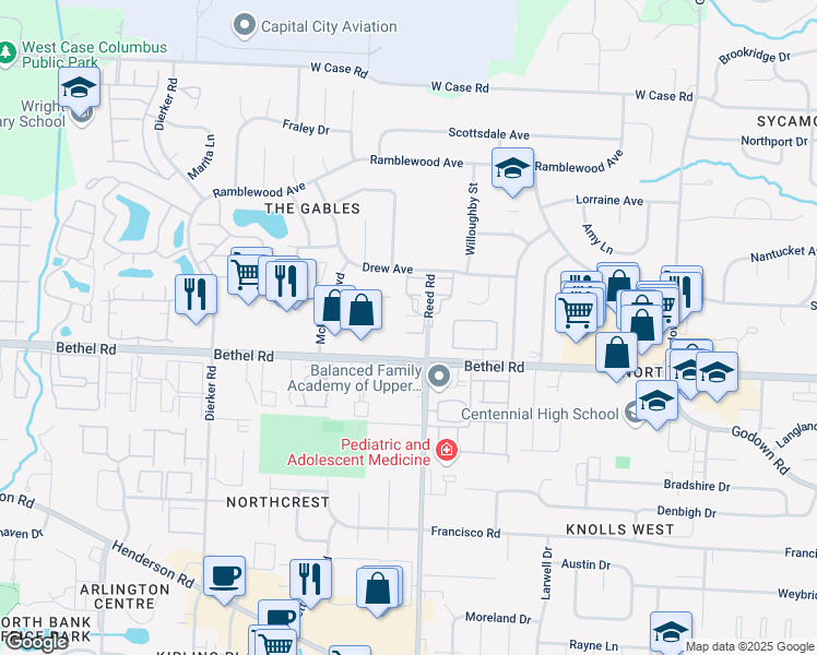map of restaurants, bars, coffee shops, grocery stores, and more near 5319 Tartan Lane in Columbus