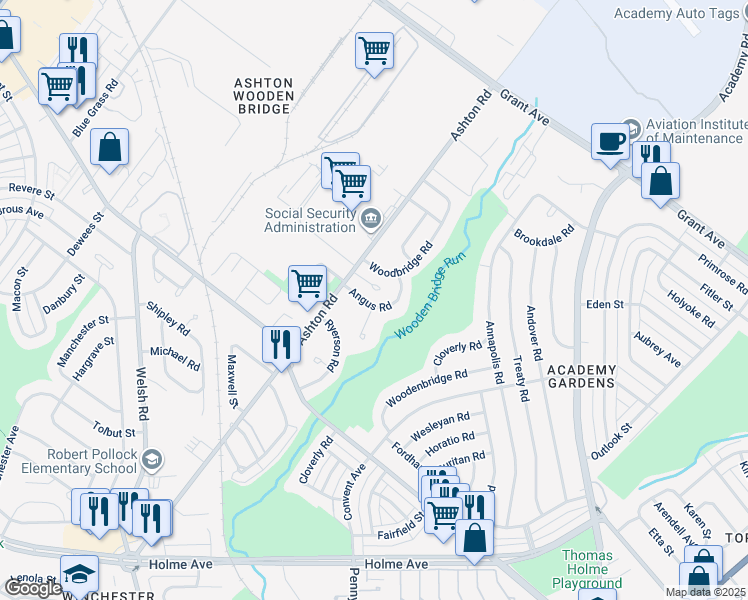 map of restaurants, bars, coffee shops, grocery stores, and more near 2837 Angus Road in Philadelphia