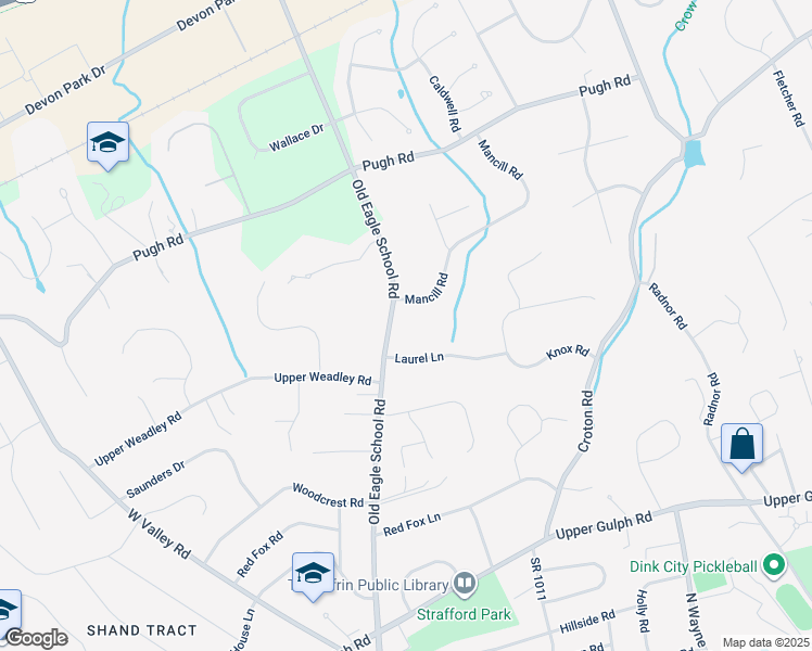 map of restaurants, bars, coffee shops, grocery stores, and more near 673 Old Eagle School Road in Wayne
