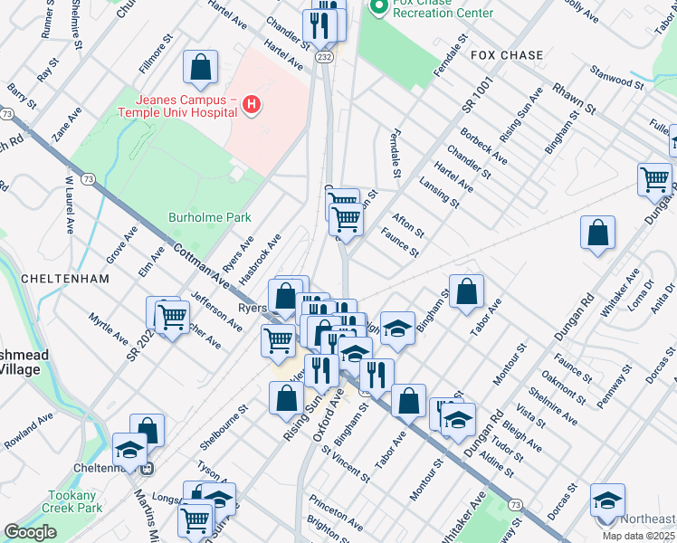 map of restaurants, bars, coffee shops, grocery stores, and more near 7442 Oxford Avenue in Philadelphia