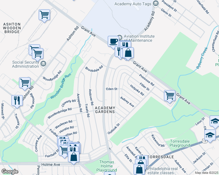 map of restaurants, bars, coffee shops, grocery stores, and more near 9400 Lansford St in Philadelphia