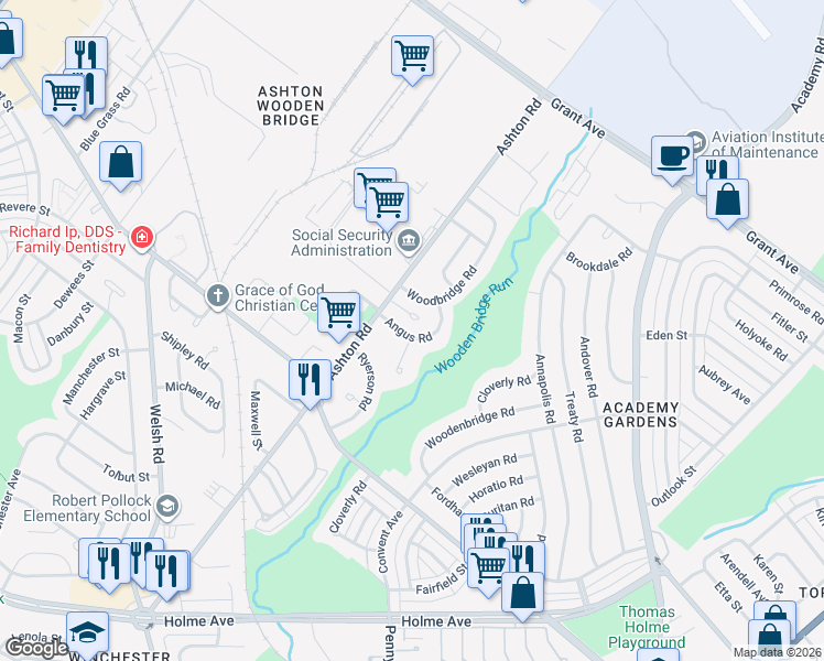 map of restaurants, bars, coffee shops, grocery stores, and more near 2843 Angus Road in Philadelphia