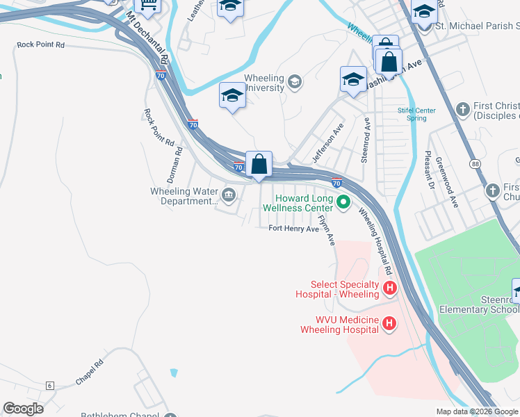 map of restaurants, bars, coffee shops, grocery stores, and more near 1001 Flynn Avenue in Wheeling