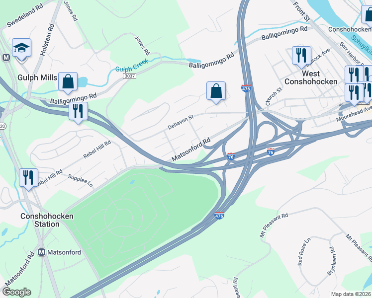 map of restaurants, bars, coffee shops, grocery stores, and more near 1138 Matsonford Road in Conshohocken