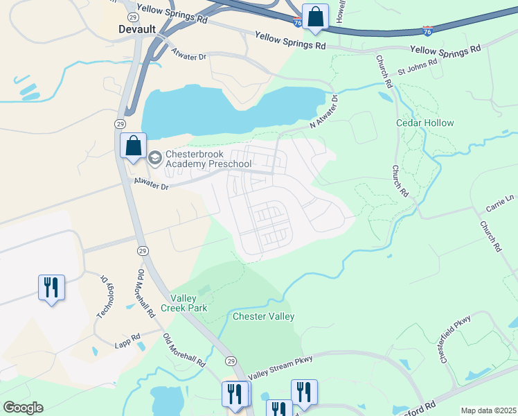 map of restaurants, bars, coffee shops, grocery stores, and more near 751 Quarry Point Road in Malvern