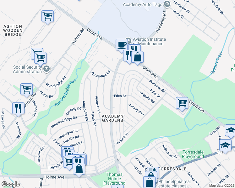 map of restaurants, bars, coffee shops, grocery stores, and more near 9400 Lansford St in Philadelphia