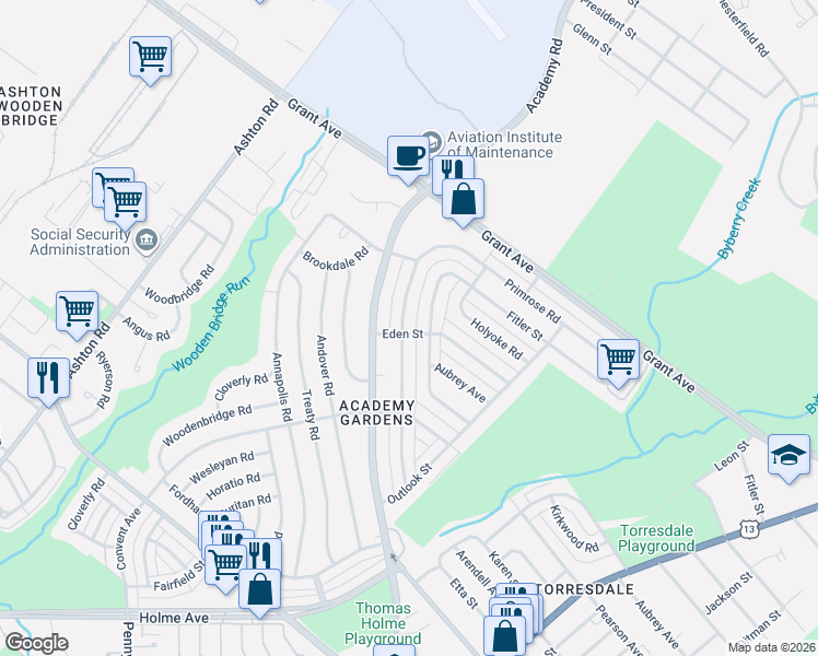 map of restaurants, bars, coffee shops, grocery stores, and more near 9400 Kirkwood Road in Philadelphia