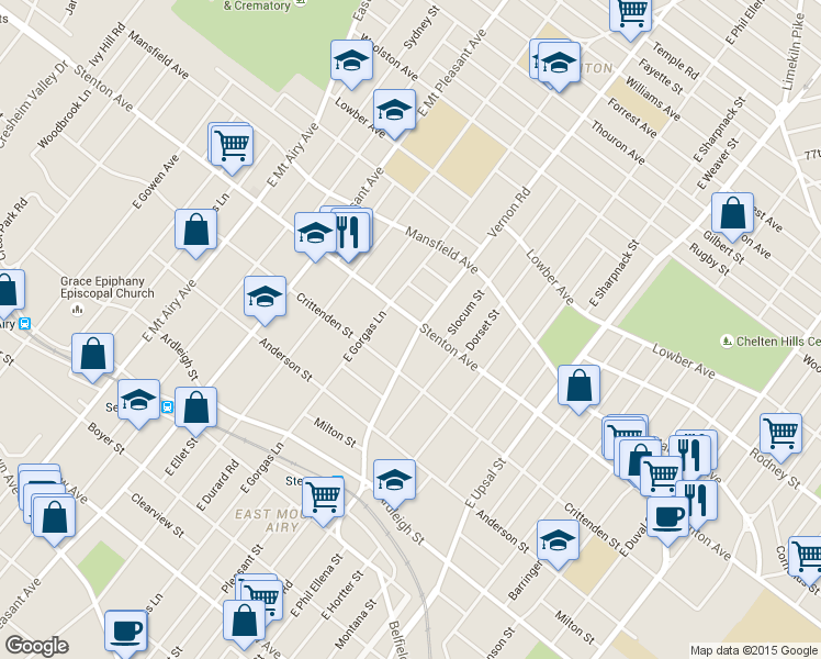 map of restaurants, bars, coffee shops, grocery stores, and more near 6800 Stenton Avenue in Philadelphia