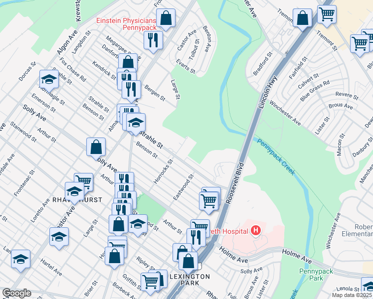 map of restaurants, bars, coffee shops, grocery stores, and more near 2201 Strahle Street in Philadelphia