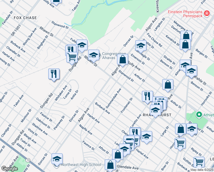 map of restaurants, bars, coffee shops, grocery stores, and more near 7960 Langdon Street in Philadelphia