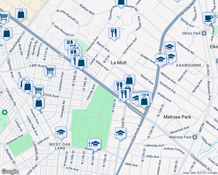 map of restaurants, bars, coffee shops, grocery stores, and more near 1617 West Cheltenham Avenue in Elkins Park