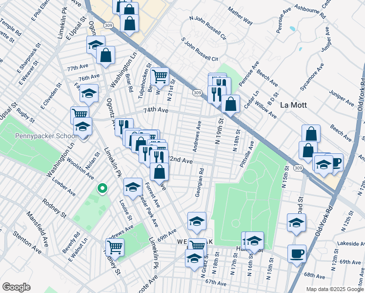 map of restaurants, bars, coffee shops, grocery stores, and more near 1986 Elston Street in Philadelphia