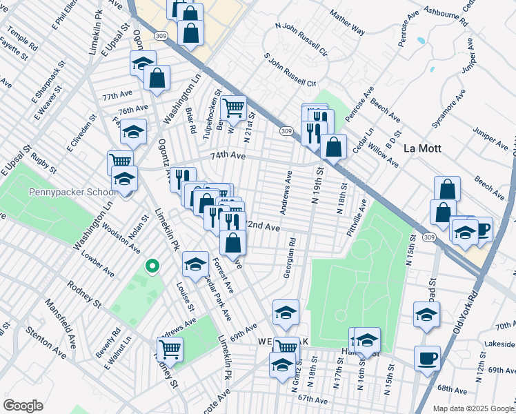 map of restaurants, bars, coffee shops, grocery stores, and more near 1976 Elston Street in Philadelphia