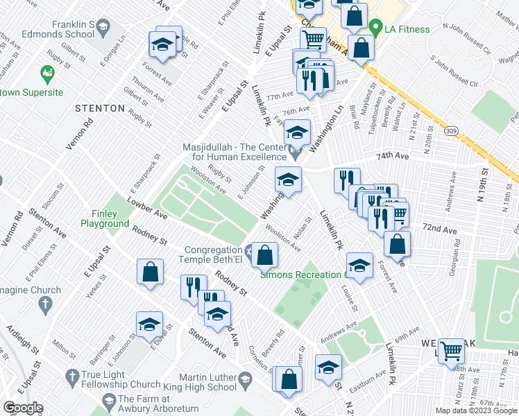 map of restaurants, bars, coffee shops, grocery stores, and more near 7410 Rugby Street in Philadelphia