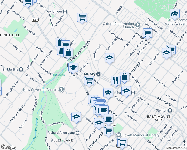 map of restaurants, bars, coffee shops, grocery stores, and more near 7428 Devon Street in Philadelphia