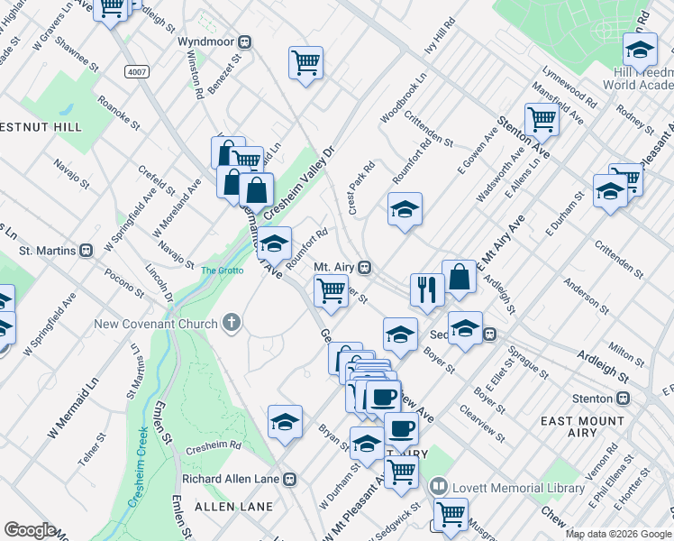 map of restaurants, bars, coffee shops, grocery stores, and more near 7428 Devon Street in Philadelphia