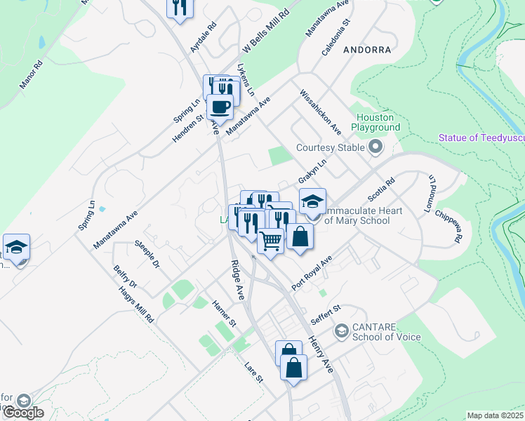 map of restaurants, bars, coffee shops, grocery stores, and more near 701 Cathedral Road in Philadelphia