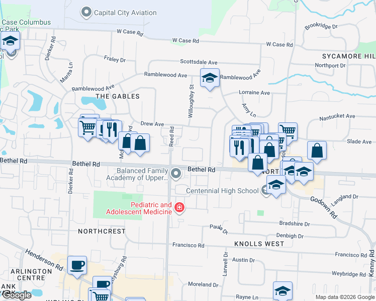 map of restaurants, bars, coffee shops, grocery stores, and more near 5296 Bethel Woods Drive in Columbus