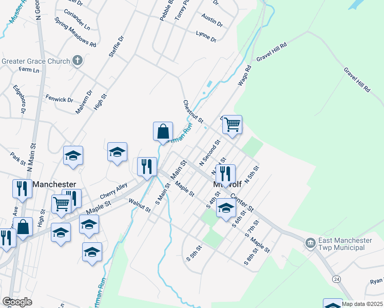 map of restaurants, bars, coffee shops, grocery stores, and more near 55 State Route 1019 in Mount Wolf