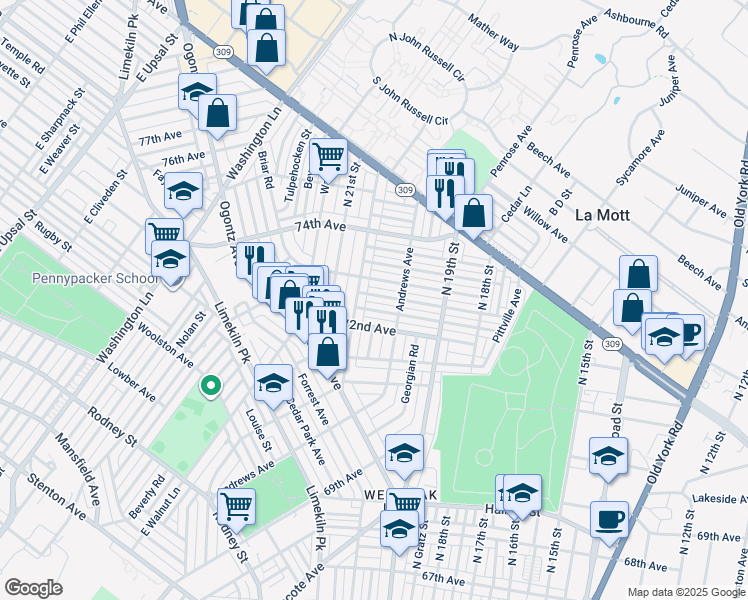 map of restaurants, bars, coffee shops, grocery stores, and more near 1986 Elston Street in Philadelphia