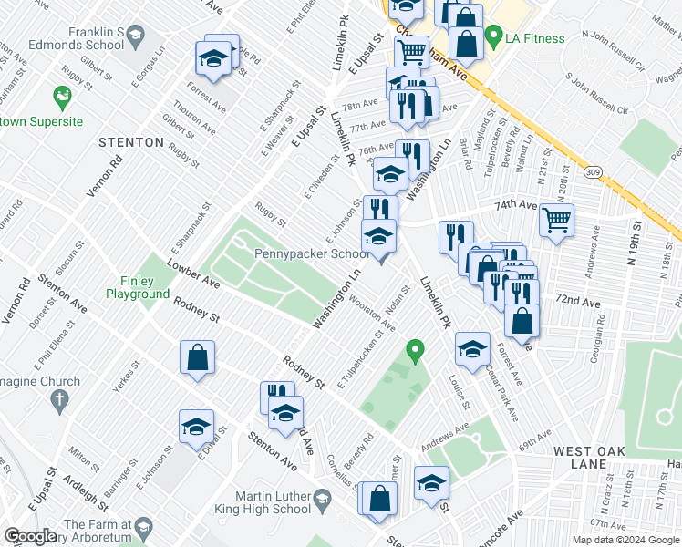 map of restaurants, bars, coffee shops, grocery stores, and more near 7410 Rugby Street in Philadelphia