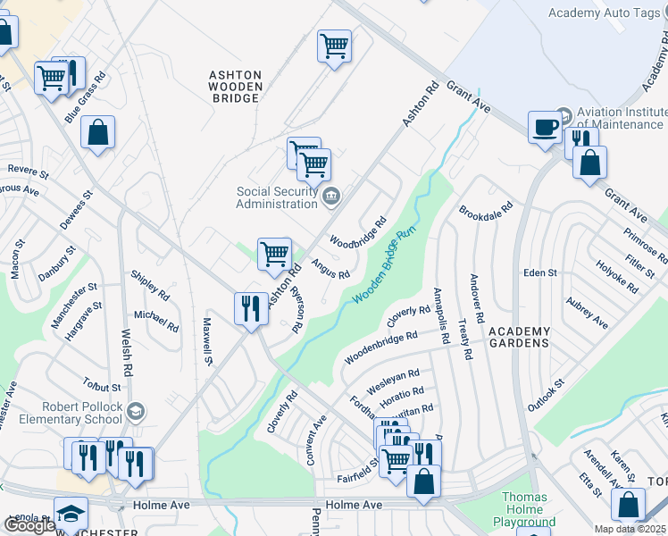 map of restaurants, bars, coffee shops, grocery stores, and more near 2837 Angus Road in Philadelphia