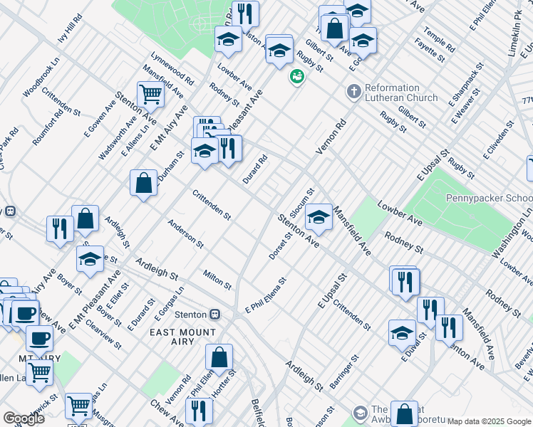 map of restaurants, bars, coffee shops, grocery stores, and more near 6800 Stenton Avenue in Philadelphia