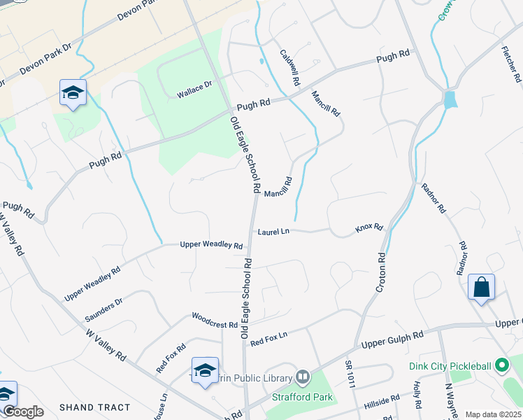 map of restaurants, bars, coffee shops, grocery stores, and more near 673 Old Eagle School Road in Wayne