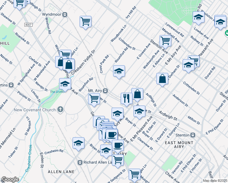 map of restaurants, bars, coffee shops, grocery stores, and more near 202 East Gowen Avenue in Philadelphia