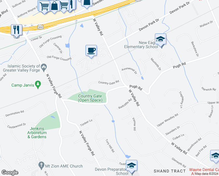 map of restaurants, bars, coffee shops, grocery stores, and more near 221 Pugh Road in Wayne