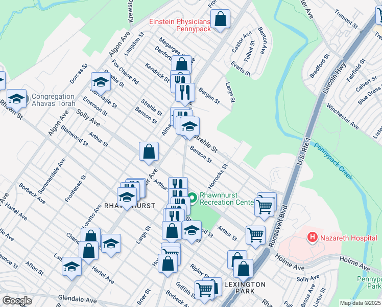 map of restaurants, bars, coffee shops, grocery stores, and more near 2100 Benson Street in Philadelphia