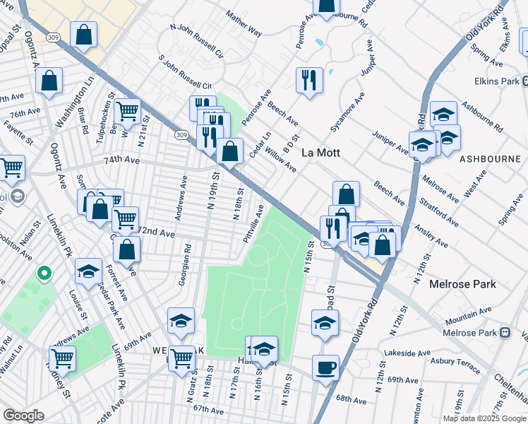 map of restaurants, bars, coffee shops, grocery stores, and more near 7329 Pittville Avenue in Philadelphia