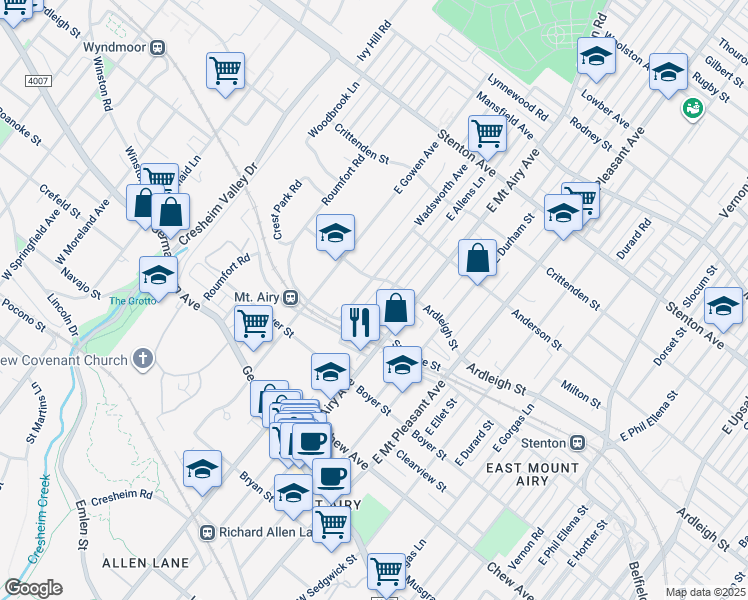 map of restaurants, bars, coffee shops, grocery stores, and more near 315 East Allens Lane in Philadelphia