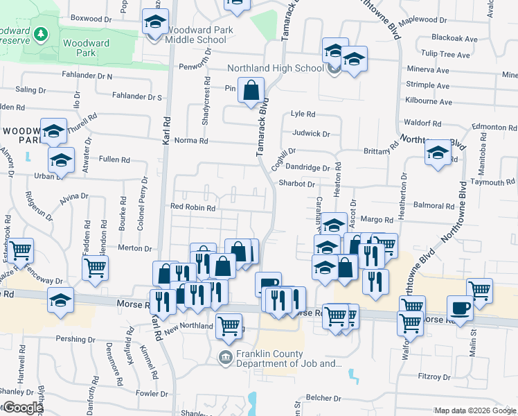 map of restaurants, bars, coffee shops, grocery stores, and more near 1782 Red Robin Road in Columbus