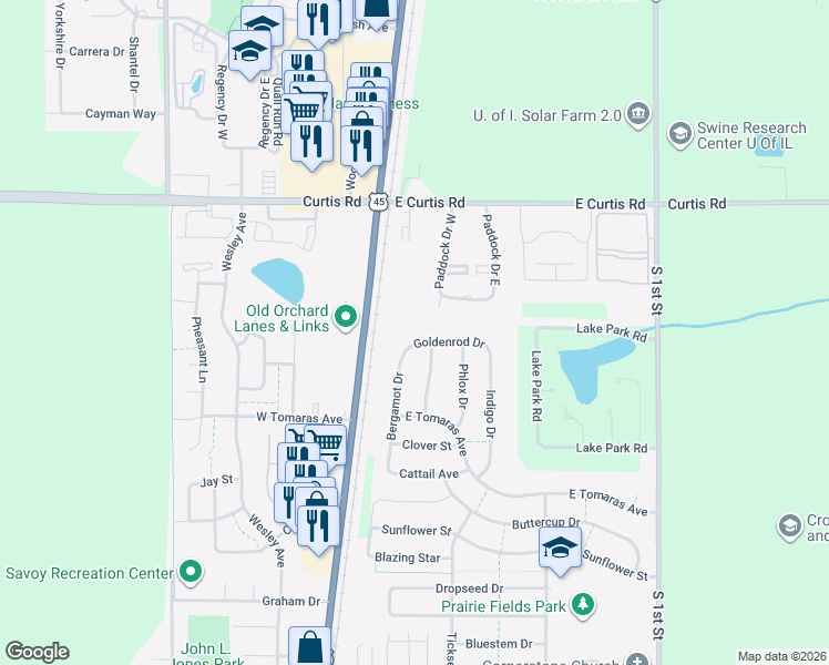 map of restaurants, bars, coffee shops, grocery stores, and more near 102 Goldenrod Drive in Savoy