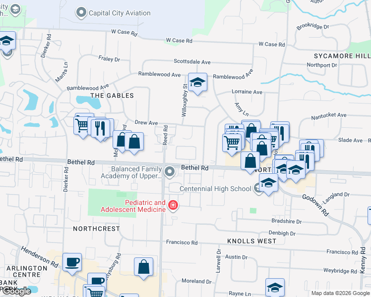 map of restaurants, bars, coffee shops, grocery stores, and more near 5287 Berrywood Drive in Columbus