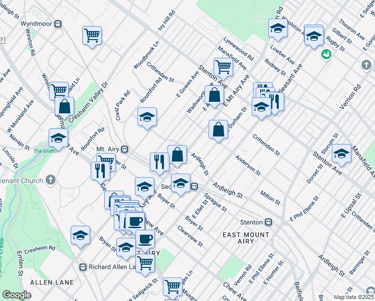 map of restaurants, bars, coffee shops, grocery stores, and more near Ardleigh Street & East Mount Airy Avenue in Philadelphia