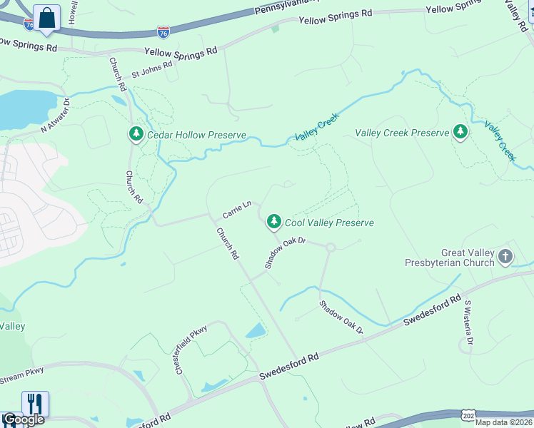 map of restaurants, bars, coffee shops, grocery stores, and more near 6 Cool Valley Road in Malvern