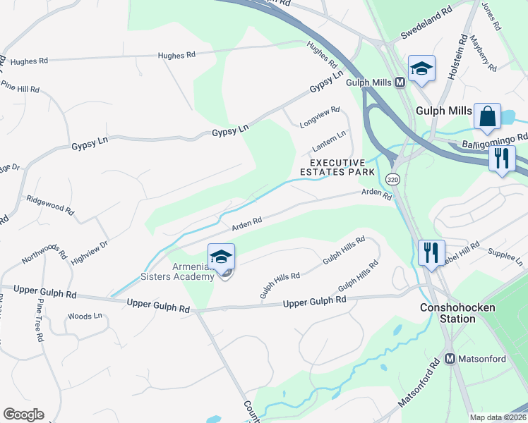 map of restaurants, bars, coffee shops, grocery stores, and more near 300 Arden Road in Conshohocken