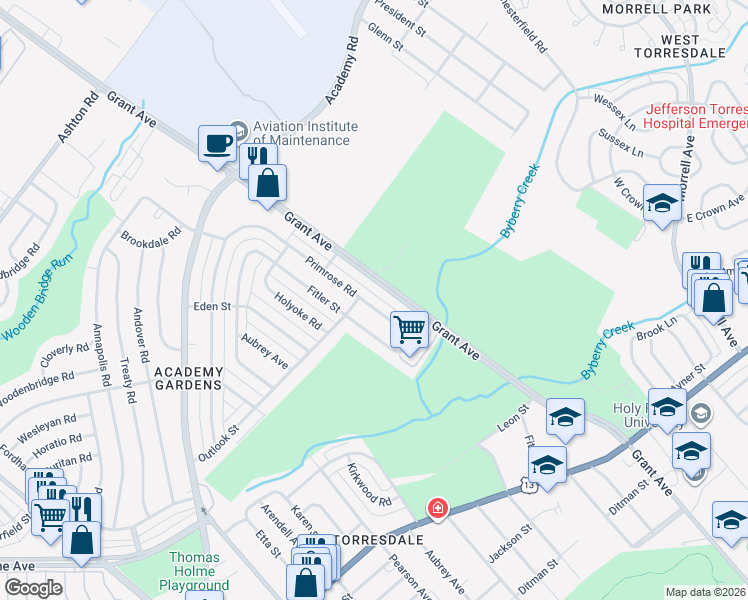 map of restaurants, bars, coffee shops, grocery stores, and more near 3549 Primrose Road in Philadelphia