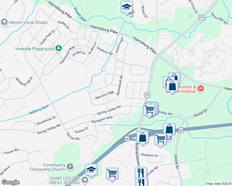 map of restaurants, bars, coffee shops, grocery stores, and more near 1813 Mercers Mill in Lancaster