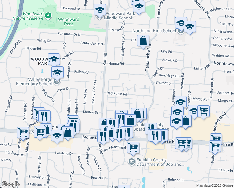 map of restaurants, bars, coffee shops, grocery stores, and more near 1633 Red Robin Road in Columbus