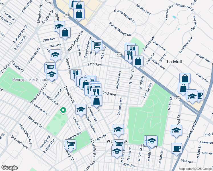 map of restaurants, bars, coffee shops, grocery stores, and more near 1976 Elston Street in Philadelphia