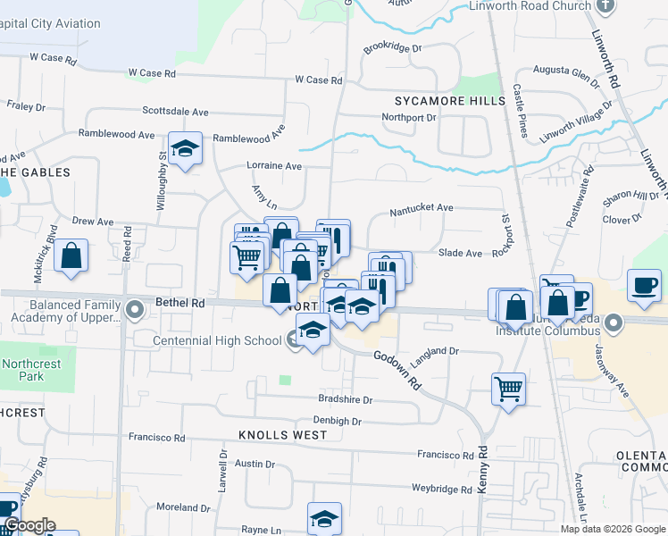 map of restaurants, bars, coffee shops, grocery stores, and more near 5244 Godown Road in Columbus